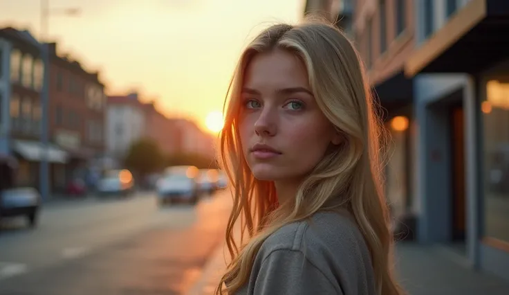 A young blue-eyed blonde woman with long hair standing on a quiet street at dawn, looking out into the horizon with a contemplative expression. The background is a peaceful urban scene with soft light from the rising sun. Realistic style, focusing on her f...