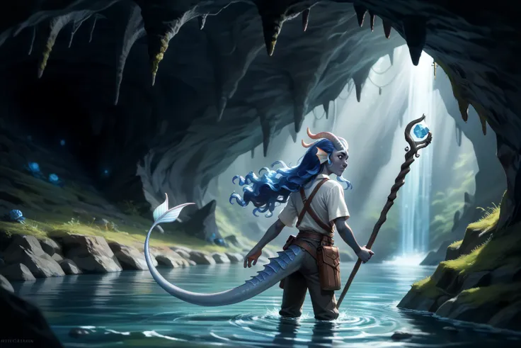 ( Cedar grows in the cave ), (1Тiefling ,  dark blue-gray skin :1.7), ( very thick long tiefling dragon tail:1.5), ( long dark black and blue flowing hair:1.4), (a white canvas shirt ), ( bright pigmentation on the face:1.5), (((blue-black freckles ))) , (...