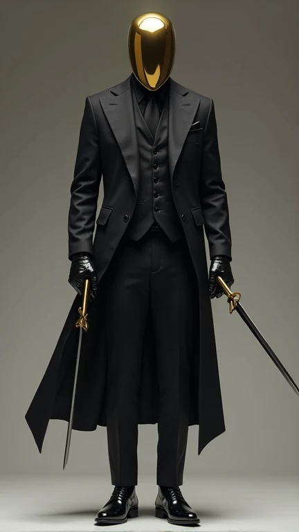 A man in a three-piece suit black coat black vest black pants black shirt black tie black shoes black gloves two short swords in each hand gold fencers helmet 