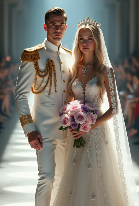 Fashion show, blonde woman, dark blue eyes, very long blonde hair, wearing white wedding dress made of lace and tulle with pearls, 7 meter long lace veil embroidered with pearls, amethyst jewelry, crown with precious stones and bouquet of roses in hands. A...