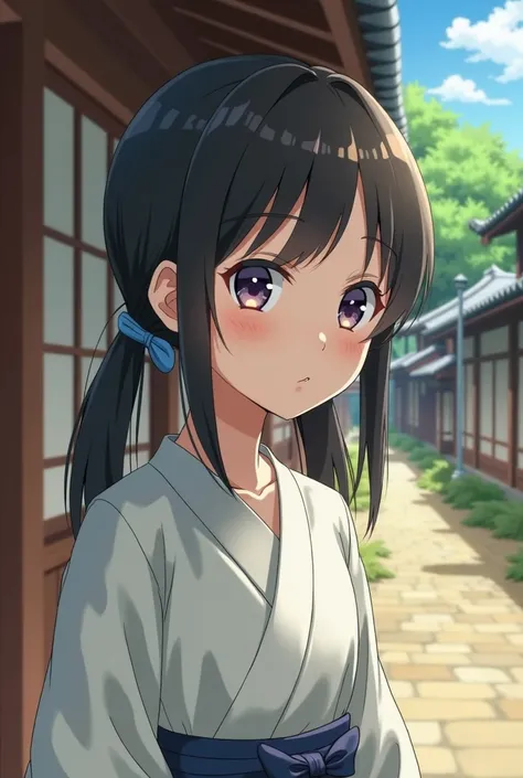 A teenage Japanese girl, in a similar style of Aoi from demon slayer, pig tails, black hair, alabaster skin, and most important very petite. She’s standing outside a 1660s Japanese home wearing a traditional everyday blouse Japanese women would wear and sh...