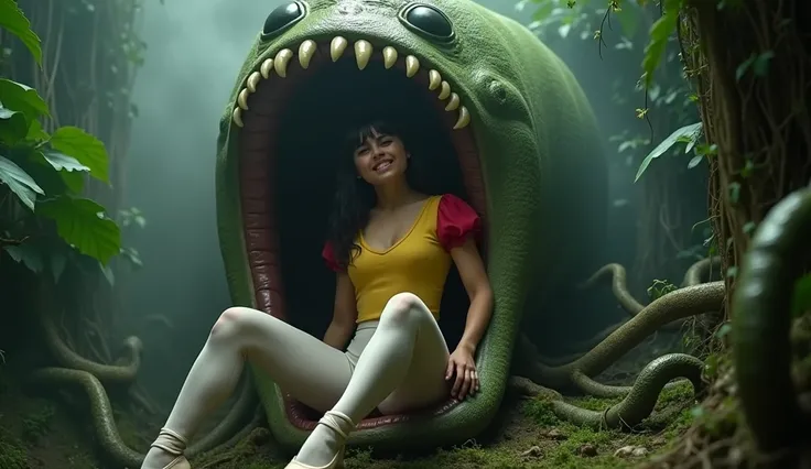 In an intense and dark scene inside the maze, a huge carnivorous plant is in the center, its roots and tentacles wrapping around the young princess Selena Gomez, she is wearing a simple, tight yellow ballerina blouse in fabric with a V-neck and short red p...