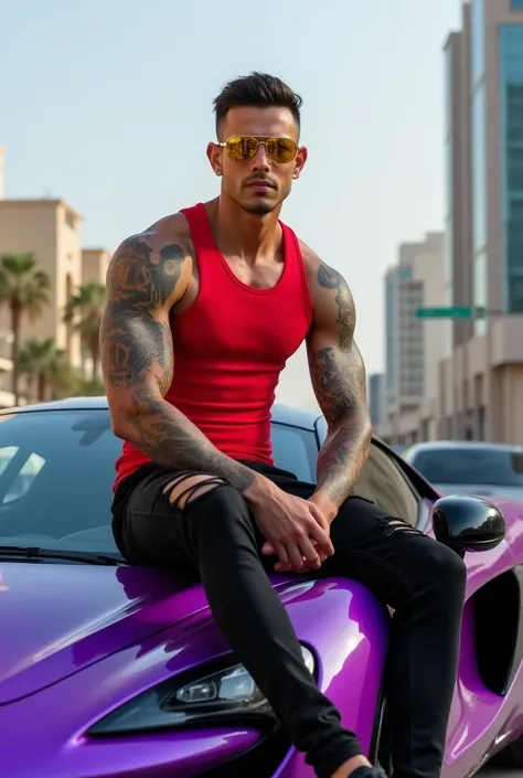 GABRIEL SANTOYO 24 years old muscular blue eyes tattoos dressed in a red swimsuit with yellow Rayban polarized sunglasses aviator sitting on the hood of a purple McLaren artura on the streets of the Arab Emirates Dressed in a ripped black Louis Vuitton jea...