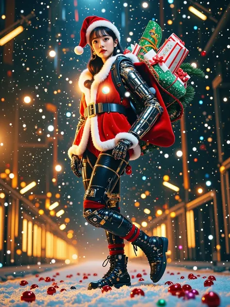 Design an epic, cinematic portrayal of a futuristic cybernetic Santa Claus standing in a glowing, high-tech industrial environment with a Christmas theme. The cyber-Santa is an imposing figure, towering over its surroundings with a blend of traditional San...