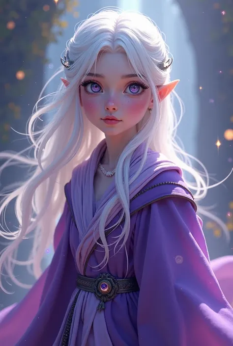   girl ,  white hair,  white skin , Eyes as if they were stars ,  wearing purple clothes and in the series The Dragon Prince. without ears, with more casual clothes 