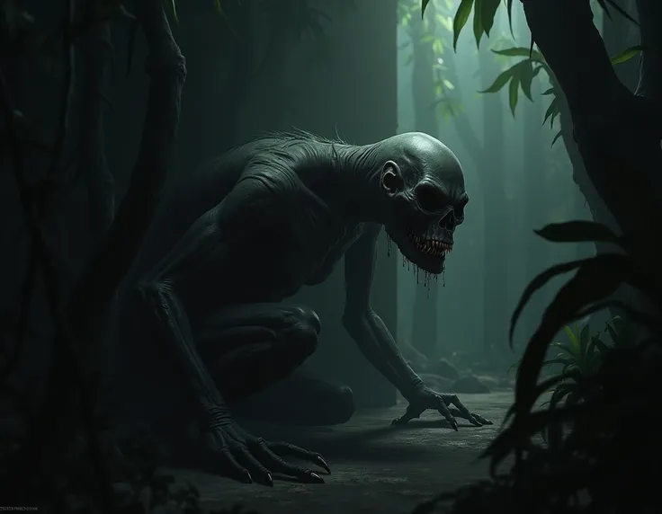 A nightmarish creature lurking in the dark of a jungle .  skin is greyish and covered with scars and open wounds ,  with eyes completely black that seem to absorb the little light there is .  Its limbs are long and disproportionate , with elongated fingers...