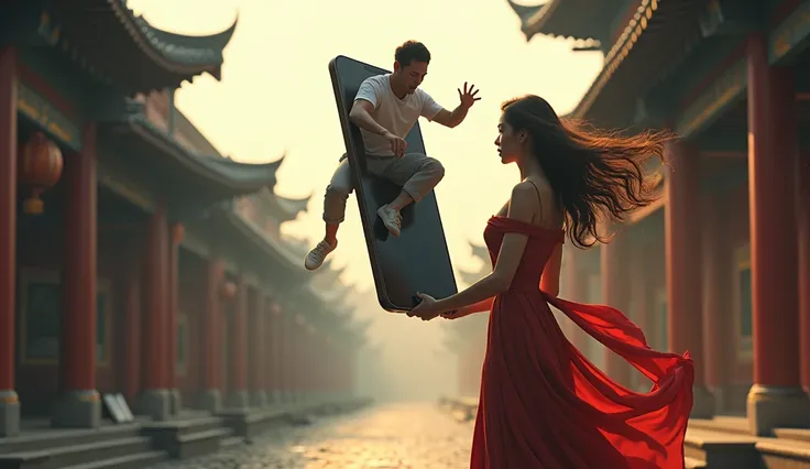 a man being thrown out of a smartphone held by a woman, old chinese town background, highly detailed, cinematic lighting, photorealistic, 8k, masterpiece, hyper realistic, dramatic, cinematic, epic scale, stunning, intricate details, volumetric lighting, n...