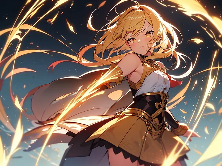 girl, anime, day, yellow eyes, blonde hair, Short hair, bangs on the forehead, Small Red Strands, Short Hair With Long Strands, (Hair With Bangs On Forehead, glowing Eyes, Hair Highlight, 2 Golden Feathers In Hair), Golden Knights Armor Of Chain And Plate,...