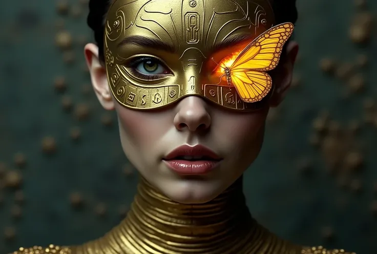 image portrays a highly stylized figure, blending elements of human and mechanical design. The focus is on a woman’s face adorned with an intricate, golden mask that partially obscures her features. The mask is etched with symbols resembling hieroglyphs, g...