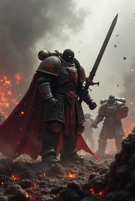  Blood Angels from Warhammer 40k fighting enemies using sword and shield , Without your helmet he is black  