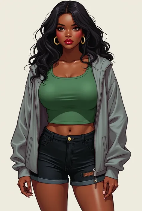 full body concept art, MCU style, a chubby young girl in her 20s, with an hourglass shaped body, dark skin, wavy black hair, slanted dark brown eyes, she wears red lipstick, gold hoop earrings, she wears a short green blouse underneath a gray sweatshirt ja...