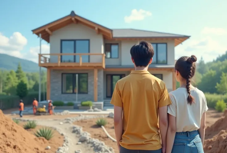 A young Japanese couple standing together, watching the construction of their new house. They have a satisfied and proud expression, dressed in casual, stylish everyday clothes suitable for homeowners visiting a construction site. The scene includes a part...