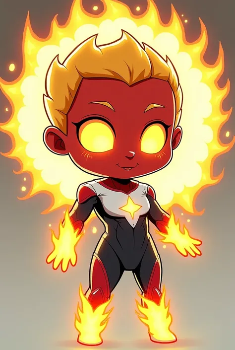  Create a Chibi-style illustration/Cartoon of a superhero with a flamboyant, cosmic appearance.  She has red skin on her face ,  bright yellow eyes without pupils ,  and a large halo of yellow flames radiating like a sun .  The costume is futuristic , mold...