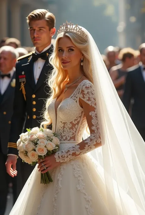 Parade, blonde woman, dark blue eyes, very long blonde hair, wearing white wedding dress made of lace and tulle with pearls, 7 meter long lace veil embroidered with pearls, amethyst jewelry, crown with precious stones and bouquet of roses in hands. And the...