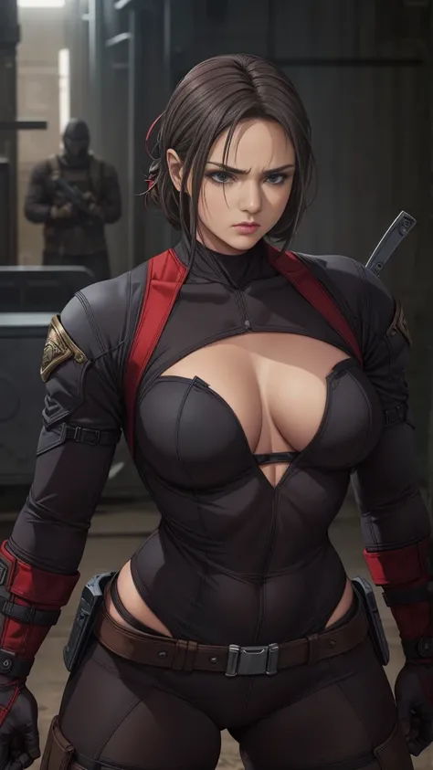 Female assassin, mysterious aura, Angel, cold and beautiful, wearing tight combat attire, steampunk or futuristic elements, short or medium-length hair, silver or dark-colored hair, stern expression, holding a dagger or firearm, dimly lit background, drama...