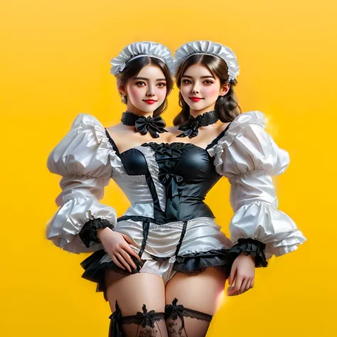 two women in disguise posing for a photo on a yellow background, maid outfit, french maid, maid costume, maid, maid dress, gorgeous maid, wearing maid uniform,  work of art in the style of Guweiz, Made with Photoshop, anime girl in a maid costume, trending...