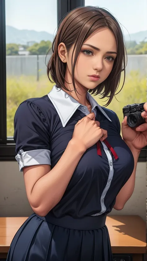 Teenage girl,member of photography club, holding a camera, curious expression, school uniform, short or medium-length hair, playful yet persistent personality, afternoon sunlight, school campus background, fist lightly touching chin in a thoughtful pose, s...