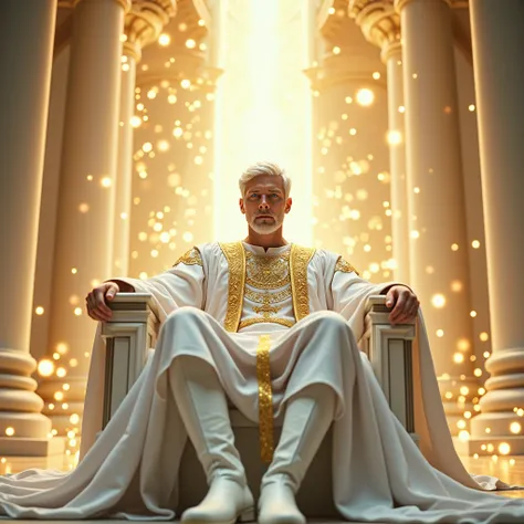 A man on a heavenly white throne shining with golden power ,  the man has very fair skin, shining blue eyes and short white hair., He has a white robe with gold , white boots on the feet , everything is beautiful, celestial, in a palace, He is a GOD,  High...