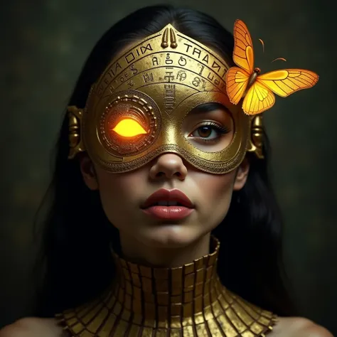 image portrays a highly stylized figure, blending elements of human and mechanical design. The focus is on a tribal pakistani woman face adorned with an intricate, golden mask that partially obscures her features. The mask is etched with symbols resembling...