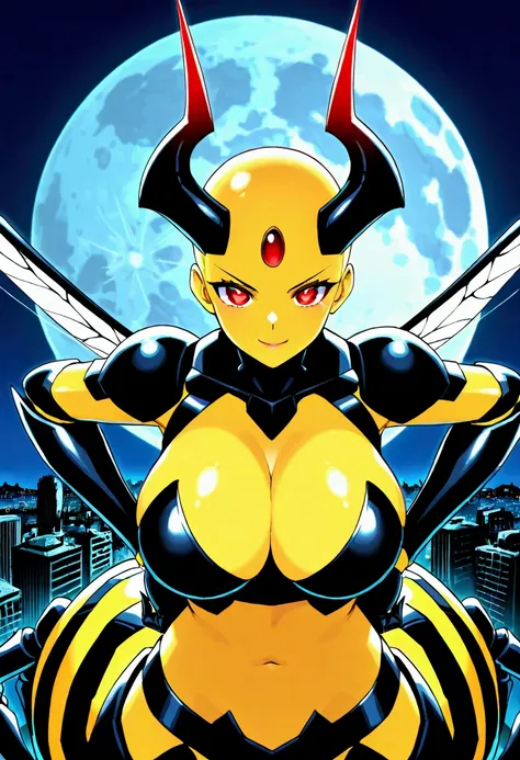 score_9,score_8_up,score_7, source anime, BREAK,1 girl, solo, mech spider girl, machine, arthropod girl, black mech suit, yellow skin, yellow body, long black demon_horn, insect_wings, bald, red-eyes, big large breasts honeycomb outline, black arachnid tau...