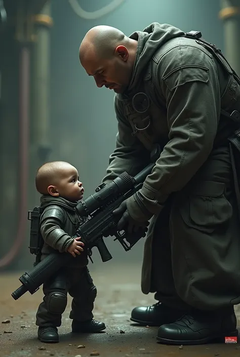 Father giving a flamethrower to a baby with a space marine face