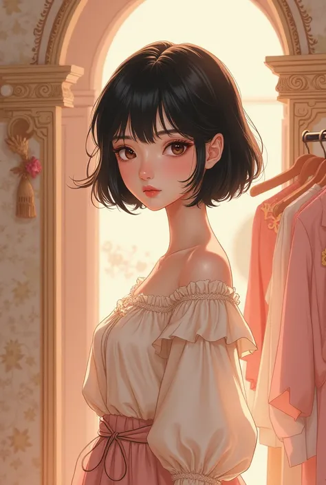 Magic illustration of a woman with short black hair and brown eyes in a beige and pink clothing boutique