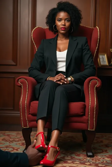 Beautiful Nigerian office lady in a power suit and red patent leather t-strap pumps, sitting elegantly on a throne in an office with a man lying at her feet and licking her shoes. The man lying on the church floor is kissing her feet with reverence