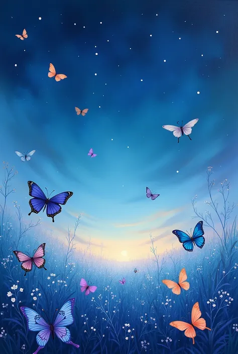 Butterflies on a blue field on a starry night with the title MARISOL