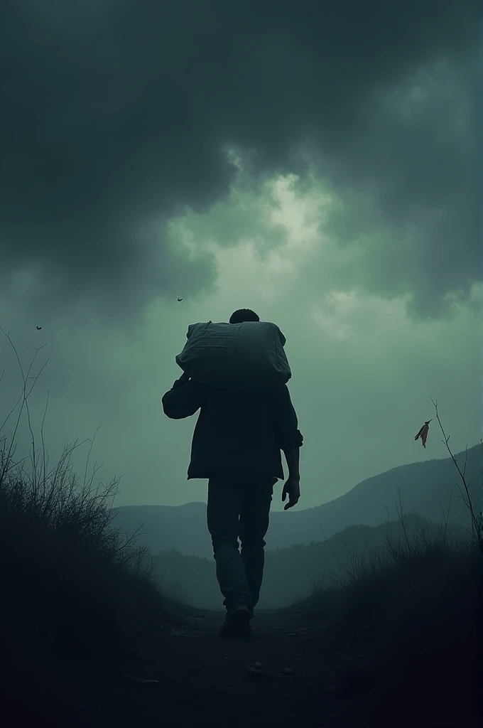 A  disappearing over the horizon ,  seen from the back,  with a man in the distance carrying a large bag.  The sky is dark and threatening .