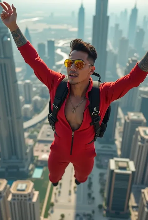 GABRIEL SANTOYO 24 years old muscular blue eyes tattoos dressed in red swimsuit with polarized sunglasses Rayban yellow aviator throwing himself Burj Khalifa falling in free fall parachute in the streets of the United Arab Emirates Dressed in a broken blac...