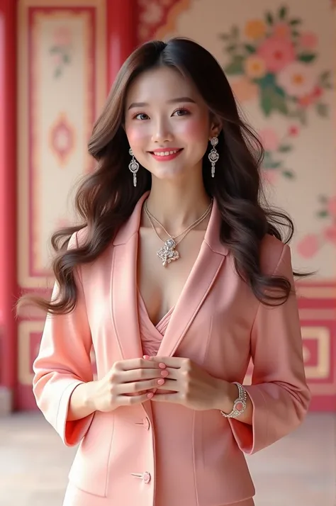 Cewe look korea cantik tersenyum manis
pakai baju bagus warna soft pink
rambut panjang curly bagus
pakai kalung liontin mewah
pakai anting mahal
pakai gelang feminin
background istana cute