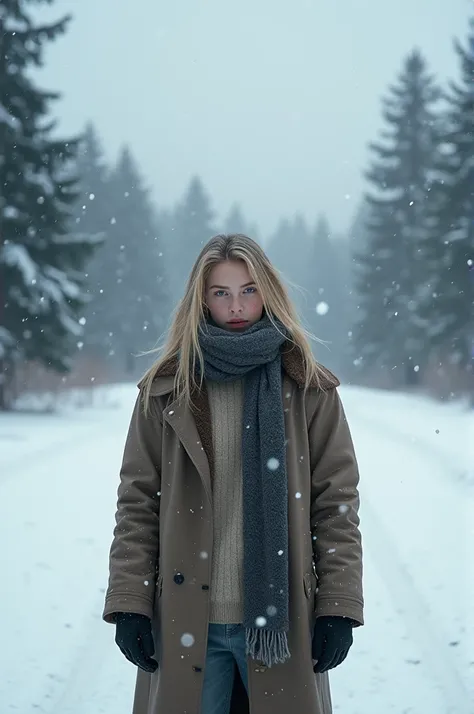 Very realistic photo of a person in the snow with blond hair