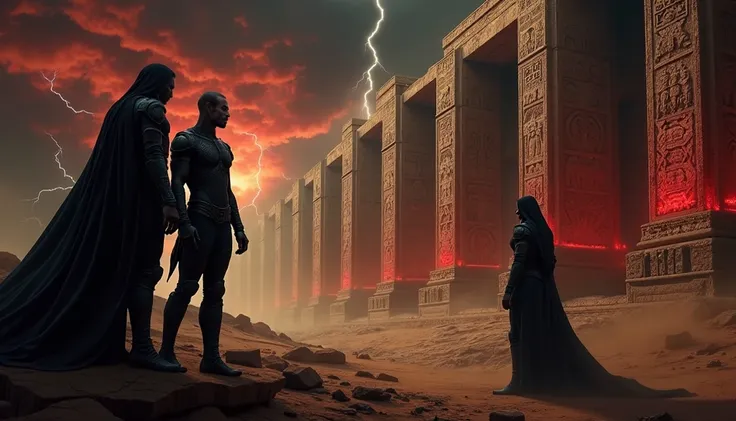 Three men standing in an ancient, apocalyptic desert landscape with towering ruins and intricate carvings glowing with a red hue. The sky is dramatic, filled with fiery red clouds, lightning bolts cutting through the atmosphere, and an intense, ominous amb...