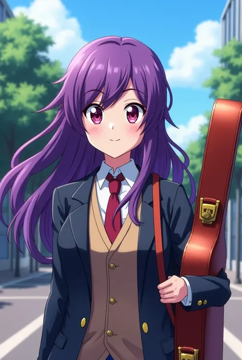    Boku no Hero Academia, adolescent,  purple hair , intense burgundy eyes,    long hair ,  dress,  ,   flirty smile ,  Loading violin case, university 