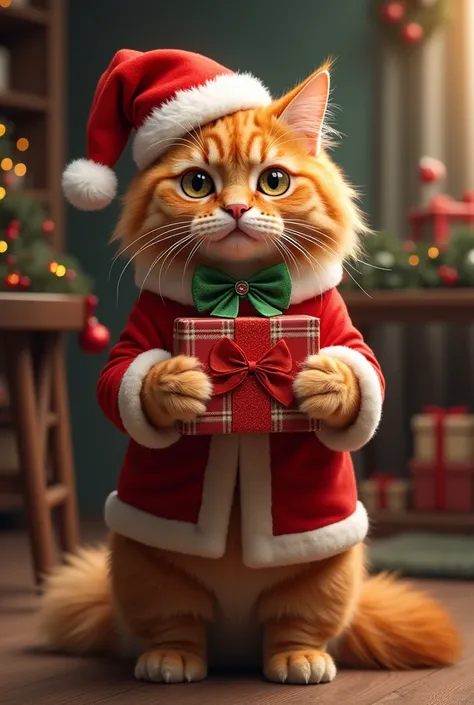 ginger maine coon in Christmas costume holding a Christmas present with its front paws while standing on its hind paws