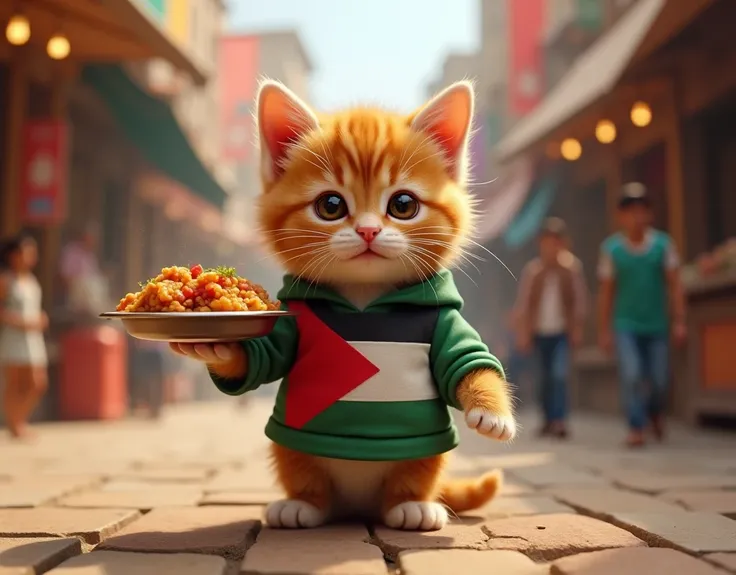 a little kitten wearing a Palestinian flag shirt selling korma, HD.