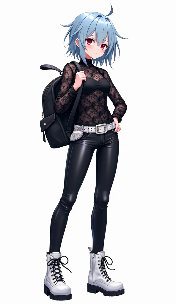 Anime girl with messy medium-length light blue hair and red eyes,  dressed in a black floral lace blouse ,  tight black leather pants and white ankle boots with details .  She wears a white belt with studs and a black backpack over her shoulder. Modern and...