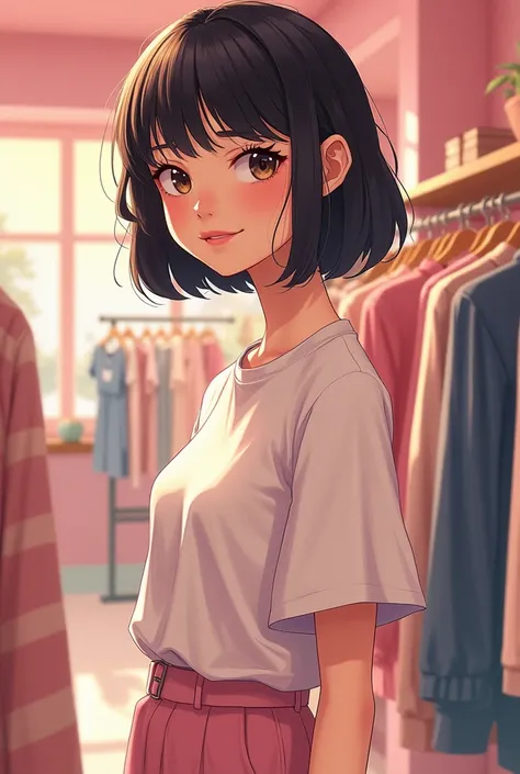 Drawing of a woman with short black hair without bangs ,  brown eyes star in a pink and beige clothing boutique 