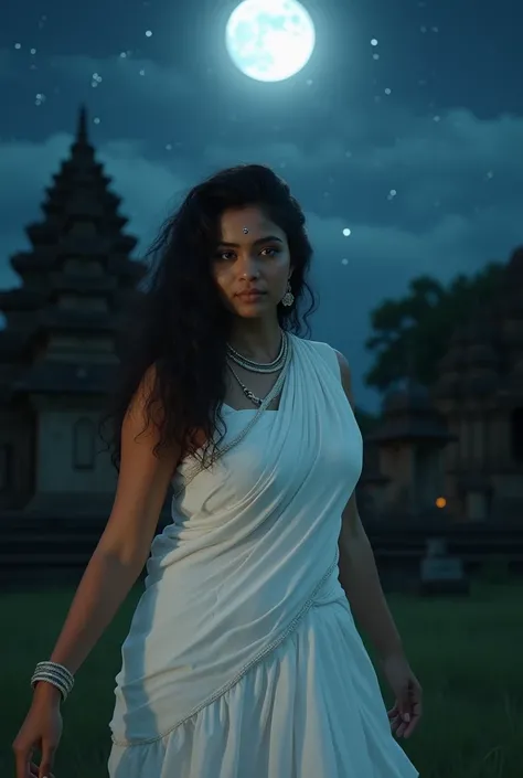 Young  kerala woman 24 years,  curvi, called yakshini,  chubby , big thighs,  witchcraft and magic, with ((black hair)) and ((dark eyes)), ((is very fair-skinned)), mysterious and cool beauty, wears a loose white saree,dancing ,  her face is light up by mo...