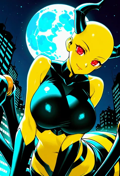 score_9,score_8_up,score_7, source anime, BREAK,1 girl, solo, mech spider girl, machine, arthropod girl, black mech suit, yellow skin, yellow body, long black demon_horn, insect_wings, bald, red-eyes, big large breasts honeycomb outline, black arachnid tau...