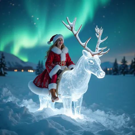 Northern Europe,
Woman dressed as Santa Claus,
(riding an ice reindeer,
transparent ice reindeer),
Aurora background