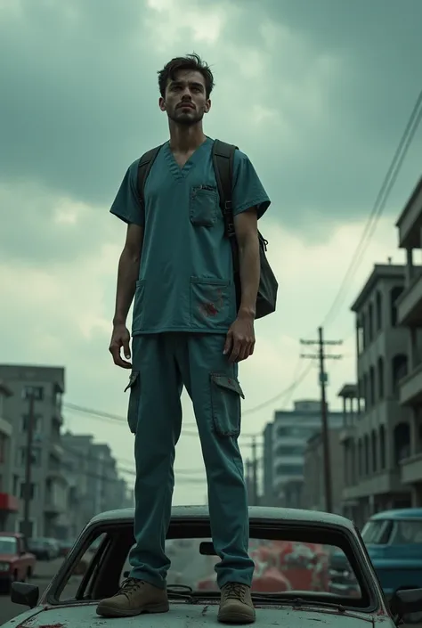 A male medical student survive the zombie apocalypse, standing at the top of a car