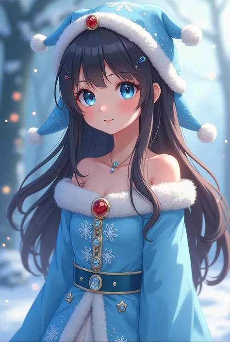  you can make an 18-year-old girl ,  white skin ,  dark brown hair long to the waist ,  sky blue eyes, Can you put a light blue Christmas costume on her, It can be any ,  anime style  