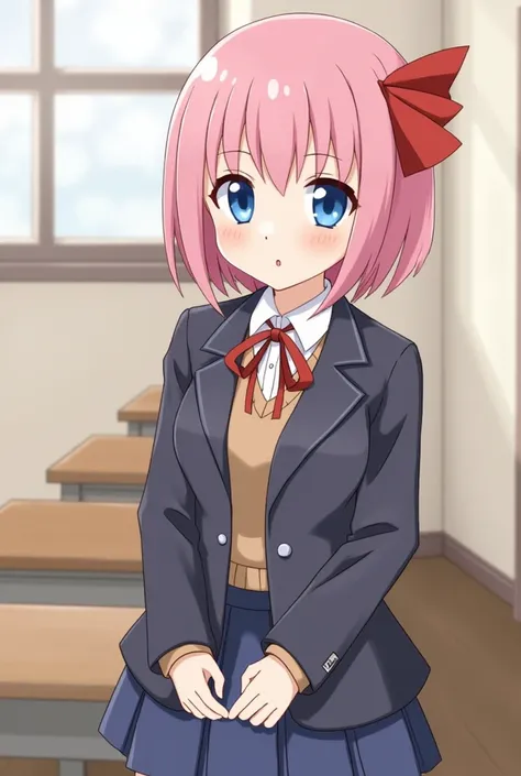 2d, masterpiece, best quality, anime, highly detailed, cowboy shot, 1girl, solo, sayori, blue eyes, pink hair, short hair, hair bow, red bow, school uniform, blazer, brown sweater, collared shirt, neck ribbon, blue skirt, standing, clenched hands, :d, clas...