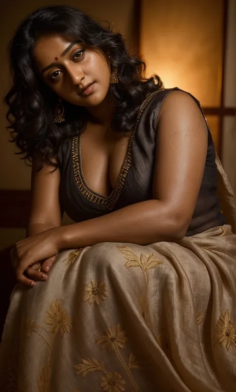 Looks like Anushka Shetty, a photo portrait of a beautiful girl with curls, styled black hair, (face portrait:1.5), dramatic light, Rembrandt lighting scheme, bust shot, linen tank top , lebanese house wife in saree