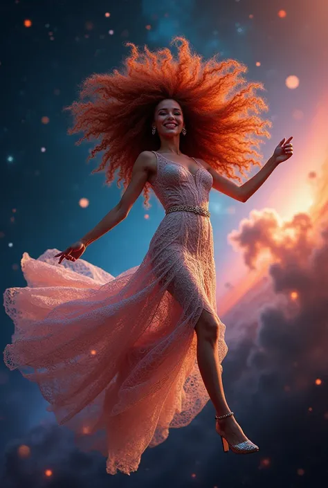 beautiful sexy 40 years old brasilian woman,ultra long wide thick red curly hair, very large iridescent rainbow lace dress,  floating in space, make-up,jewelry, flashes, stars, nebulas, legs, jumping in space, happy, spread legs 