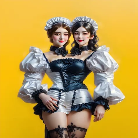 two women in disguise posing for a photo on a yellow background, maid outfit, french maid, maid costume, maid, maid dress, gorgeous maid, wearing maid uniform,  work of art in the style of Guweiz, Made with Photoshop, anime girl in a maid costume, trending...