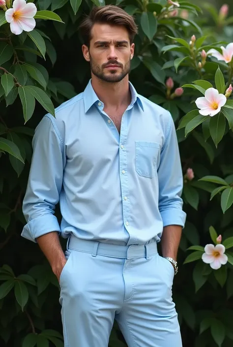 Handsome man dressed in light blue clothes has oleander leaves behind draw leaves standing in front of small