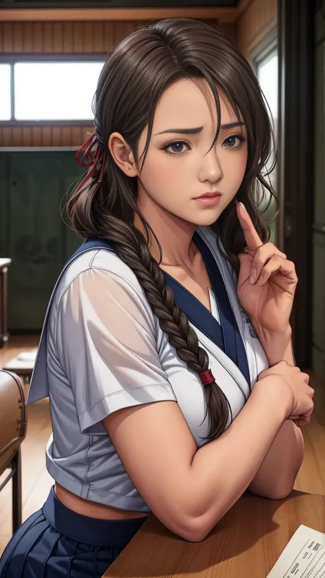 Young woman, sincere and gentle expression, student figure, wearing a neat school uniform, long or medium-length modest hairstyle, gaze with a hint of worry but determination, dormitory setting or scenes with books, helping others or calmly talking gesture...