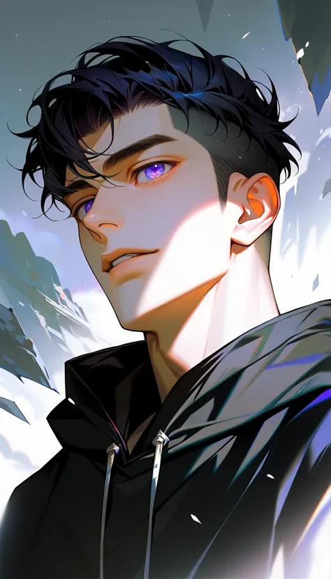 impasto, short hair, masterpiece, best quality, 1 man , black hair , (undercut hairstyle), perfect face , purple eyes , handsome male , Alone, pale skin , adult male , upper body , delicate line drawing, Extremely detailed, ((wearing a black hoodie, beauti...